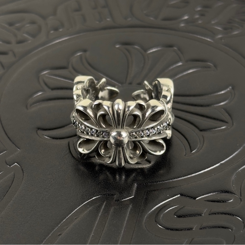 Chrome Hearts Double Floral CZ Pave Ring Size 9.75 US 925 Silver